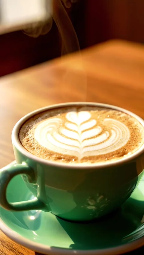 Freshly brewed cappuccino coffee in a cup with latte art on a wooden table Stock Footage 344428893