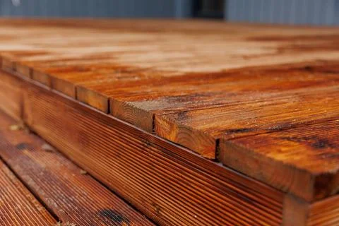 Freshly Built Timber Deck Step Close Up Beside House Siding Stock Photos