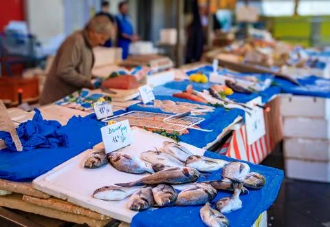 Freshly caught fish and shellfish for sale at farmers market in Nice, France Stock Photos