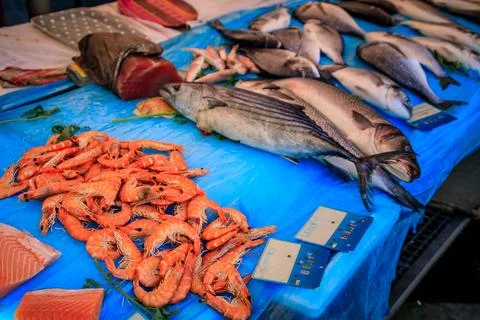 Freshly caught fish and shellfish for sale at farmers market in Nice, France Stock Photos