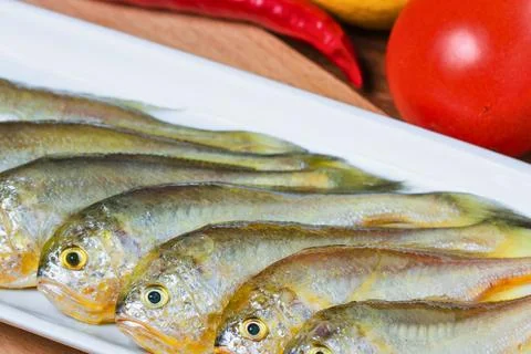 Freshly caught small fish lined up on a white plate with vegetables Stock Photos