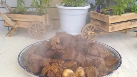 Freshly cooked beef meat on a platter Stock Footage 198926086