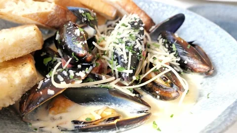 Freshly cooked Seafood Shellfish mussels with dairy white cream, cheese Stock Footage 160838398