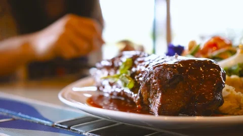 Freshly cooked veal steak on table. Healthy eating and diet concept. Stock Footage 91769432