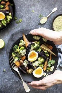 Freshly cooked veggies with boiled eggs Stock Photos