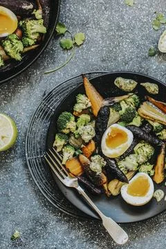 Freshly cooked veggies with boiled eggs Stock Photos