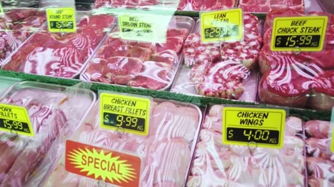 Freshly cut and presented Chicken, Pork and Beef meat products Video stock 296862539