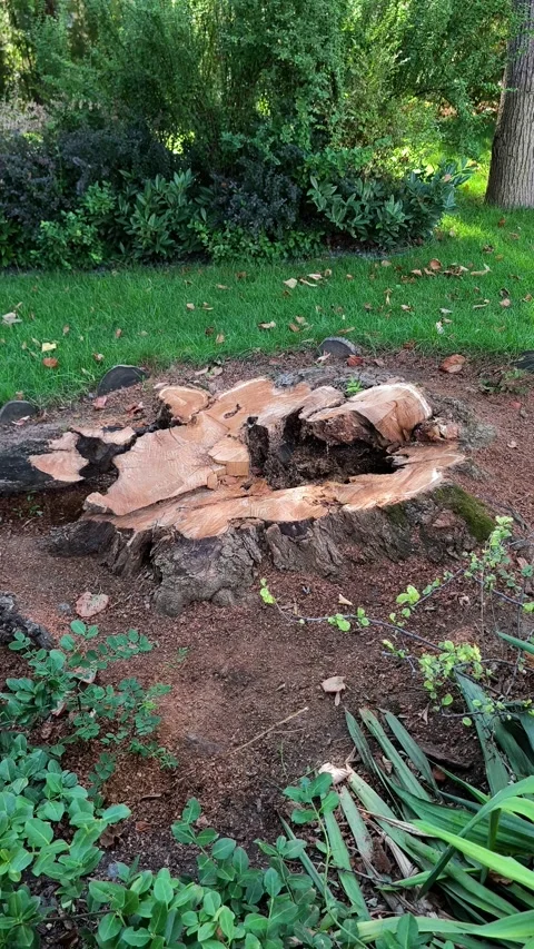 Freshly Cut Rotten Tree Stump with Wood Decay Fungi Damage in Garden Stock Footage 342796156