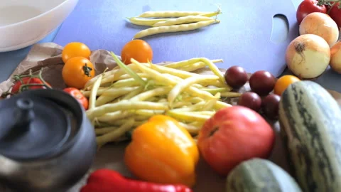 Freshly cut yellow string beans. Cutting vegetables for stew. Cooking fresh Stock-Footage 237686068