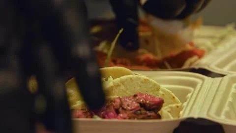 Freshly Grilled Beef Wraps and Salad: Fast-Food Packed for Delivery – Close-Up Stock Footage 288692659