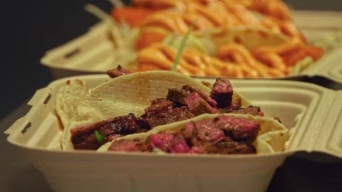 Freshly Grilled Beef Wraps and Salad: Fast-Food Packed for Delivery – Close-Up Stock Footage 288692687