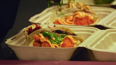 Freshly Grilled Beef Wraps and Salad: Fast-Food Packed for Delivery – Close-Up Stock Footage 288692776