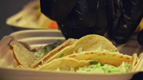 Freshly Grilled Beef Wraps and Salad: Fast-Food Packed for Delivery – Close-Up Stock Footage 288692912