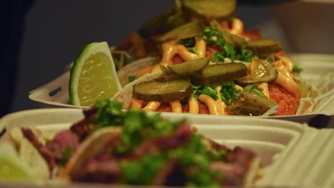 Freshly Grilled Beef Wraps and Salad: Fast-Food Packed for Delivery – Close-Up Stock Footage 288692976