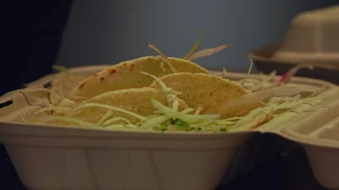 Freshly Grilled Beef Wraps and Salad: Fast-Food Packed for Delivery – Close-Up Stock Footage 288693040