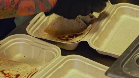 Freshly Grilled Beef Wraps and Salad: Fast-Food Packed for Delivery – Close-Up Stock Footage 288693148