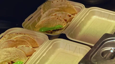Freshly Grilled Beef Wraps and Salad: Fast-Food Packed for Delivery – Close-Up Stock Footage 288693183