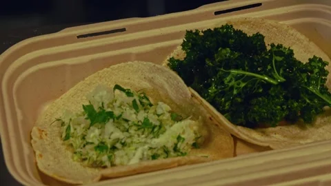 Freshly Grilled Beef Wraps and Salad: Fast-Food Packed for Delivery – Close-Up Stock Footage 288693282