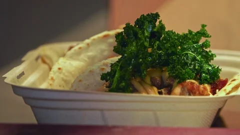 Freshly Grilled Beef Wraps and Salad: Fast-Food Packed for Delivery – Close-Up Stock Footage 288693461