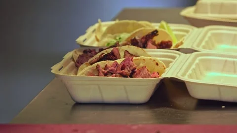 Freshly Grilled Beef Wraps and Salad: Fast-Food Packed for Delivery – Close-Up Stock Footage 288693722