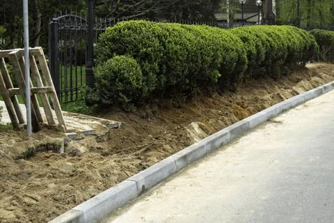Freshly installed curb separates green bushes and bare soil from asphalt ro.. Fotos de archivo