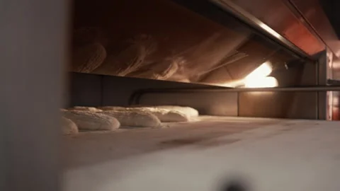 Freshly prepared dough rises inside a commercial oven, showcasing the gradual Vídeo Stock 331755453