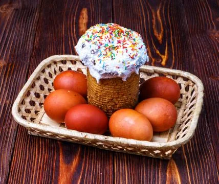 Freshly prepared Easter cake and Easter eggs. Happy easter Stock Photos