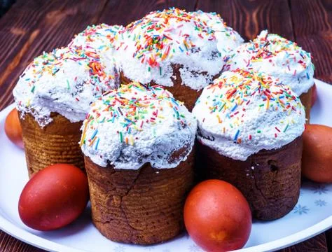 Freshly prepared Easter cakes and Easter eggs. Happy easter Stock Photos