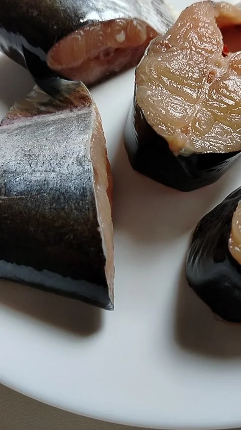 Freshly prepared fish cuts placed on a white plate, featuring clean presentation Stock Footage 336666756