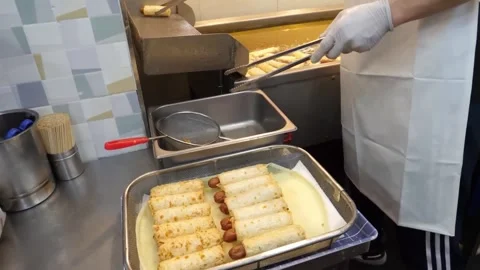 Freshly Prepared Korean Fish Cake Hot Dogs Traditional Street Food Stall Stock Footage 337374933