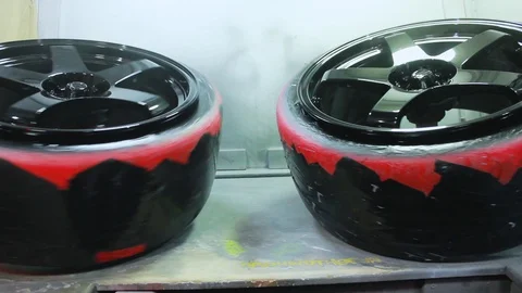 Freshly Refurbished, Repaired &amp; Painted Chrome Black Car Alloy Wheels Spinning Stock Footage 106672162