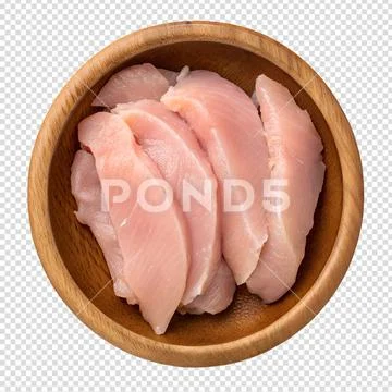 Freshly sliced raw chicken breast fillets in rustic wooden bowl Modello PSD