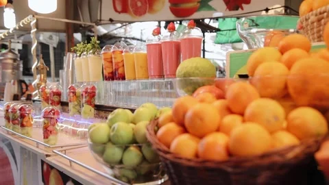 Freshly squeezed fruit juice mixed with milk and ice cream called a milkshake at Stock Footage 181650091