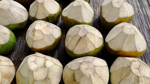 Freshly trimmed young coconuts arranged together for tropical drinks Stock Footage 346742761