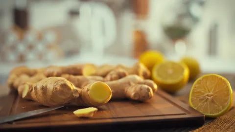 Freshly unearthed ginger roots rich healing vitamins neatly arranged kitchen Video stock 331351580