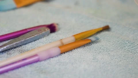 Freshly washed and dried brushes on a microfiber cloth towel. Stock Footage 345114487