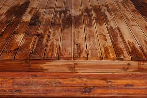 Freshly washed timber deck steps with wet and dry wood details Stock Photos