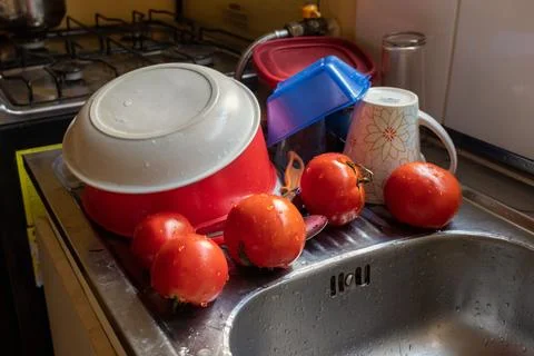 Freshly washed tomatoes alongside kitchen items Stockfoto's