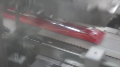 Freshly wrapped red pouch shooting past the camera on a fast moving belt in a Stock Footage 342319416