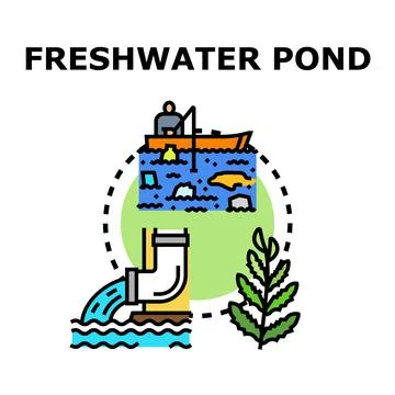 Freshwater pond ecosystem with pollution and drainage Stock Illustration