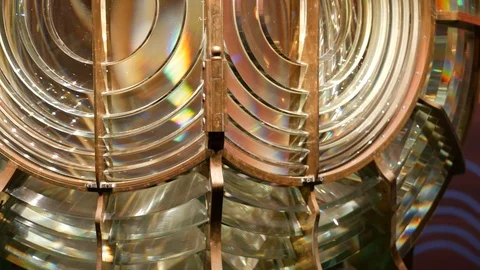 Fresnel lens with brass structure, nautical lighthouse tower. Detail of the Stock Footage 124702991