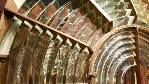 Fresnel lens with brass structure, nautical lighthouse tower. Detail of the Stock Footage 124939691