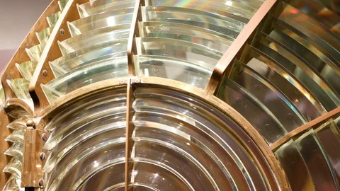 Fresnel lens with brass structure, nautical lighthouse tower. Detail of the Stock Footage 125703236