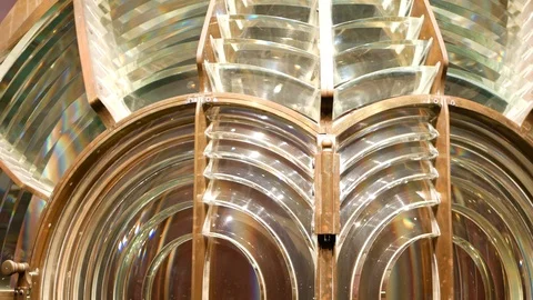 Fresnel lens with brass structure, nautical lighthouse tower. Detail of the Stock Footage 125830916