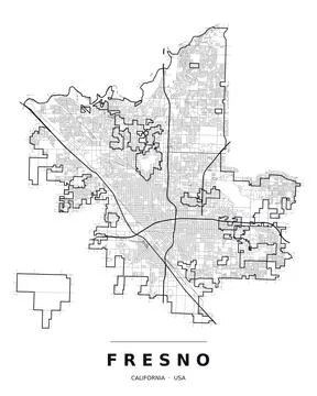 Fresno CA Street Map Road Network Highways Black White Editable Vector Stock Illustration