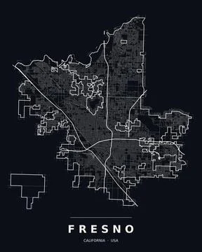 Fresno CA Street Map Road Network Highways Dark Mode Editable Vector Stock Illustration