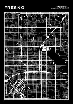 Fresno Map Wall Art Frame, Cartography Map Print, City Layout Map Stock Illustration