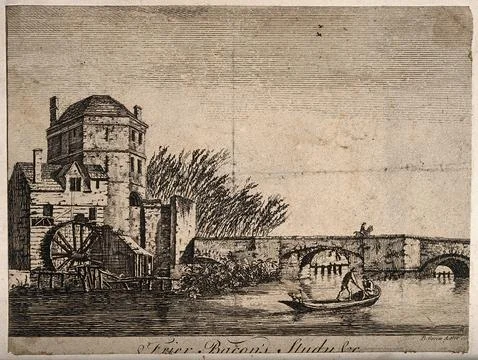 Friar Bacon's Study, Oxford: by the river. Etching by B. Green. Illustrazione stock