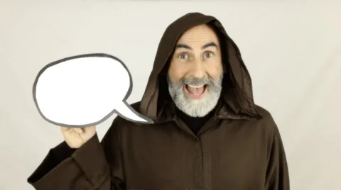 Friar holding white speech balloon happy Stock Footage 48203804