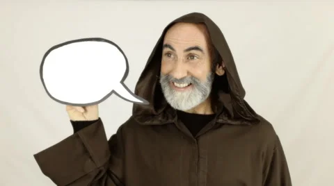 Friar holding white speech balloon look left Stock Footage 48205179